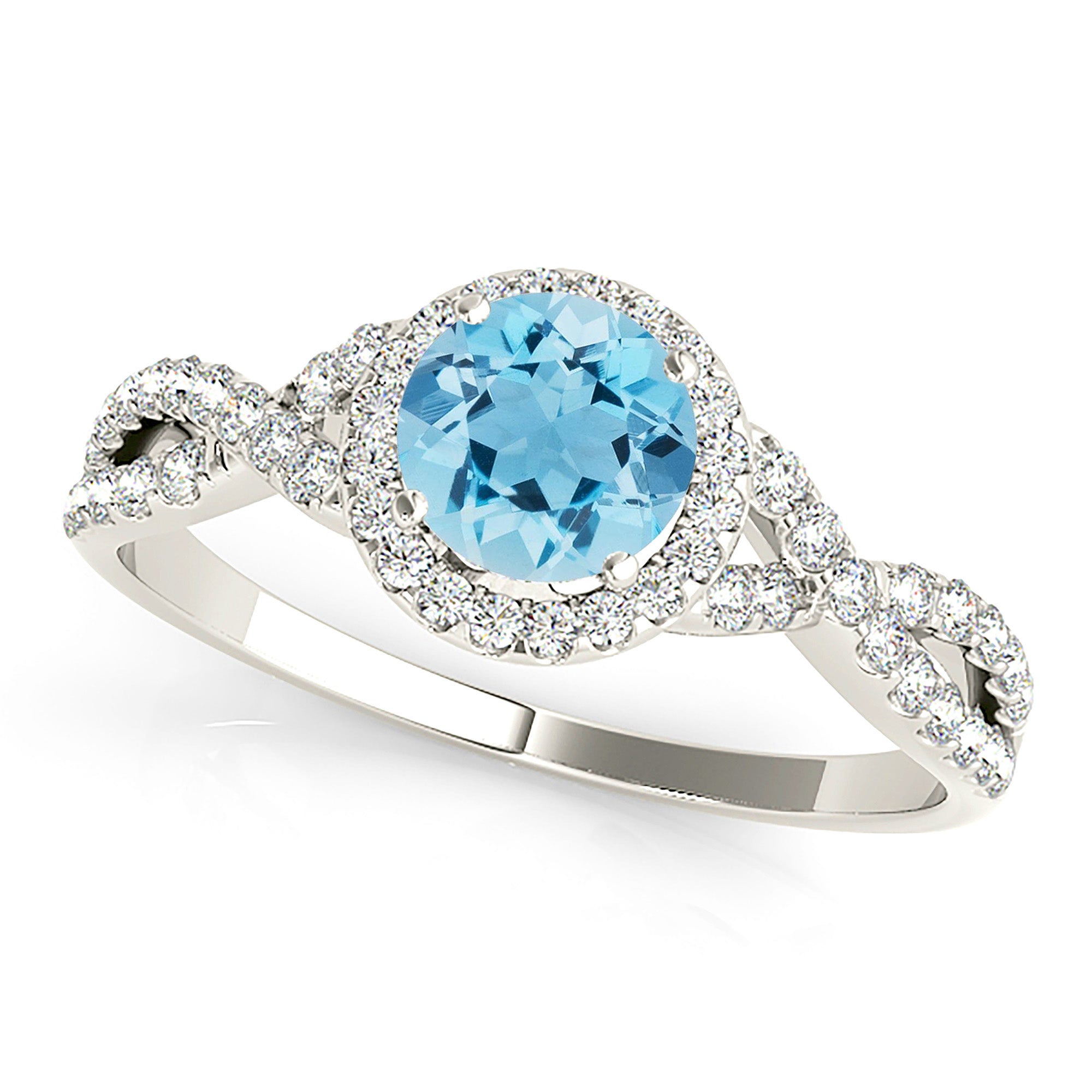 1.10 ct. Genuine Aquamarine Ring With 0.25 ctw. Diamond Halo And Delicate Diamond Twist Band | Round Blue Aquamarine Halo Ring-VIRABYANI